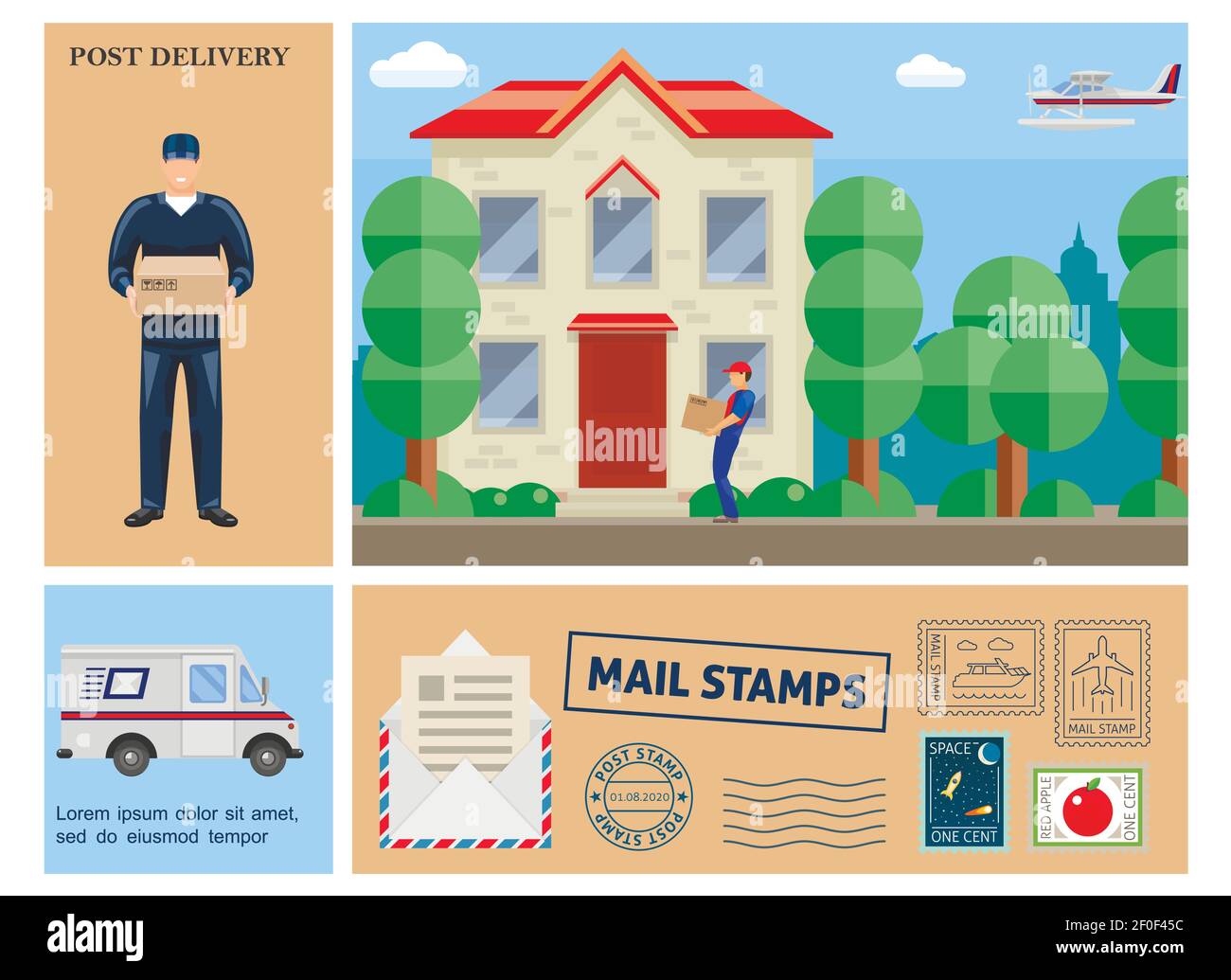 Flat colorful post service composition with postman holding box courier