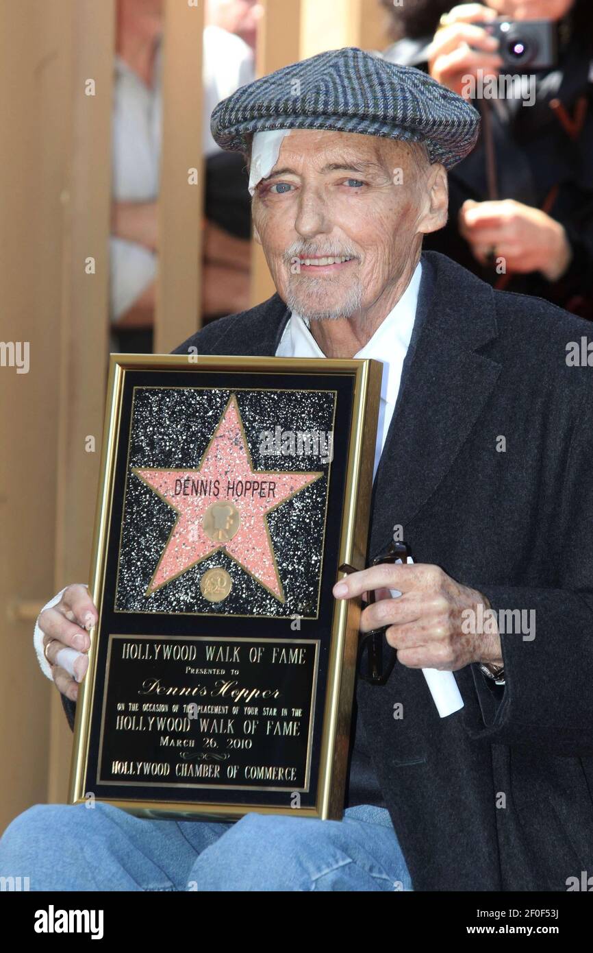 26 March 2010- Hollywood, California- Actor Dennis Hopper receives a star on the Hollywood Walk of Fame in Hollywood. The 73-year-old actor and filmmaker is terminally ill with prostate cancer. His bandages were a result of a recent fall when a paparazzi photographing him called his name and he tripped. Photo Credit: Krista Kennell/Sipa Press./dennishopperstar.013/1003262257 Stock Photo