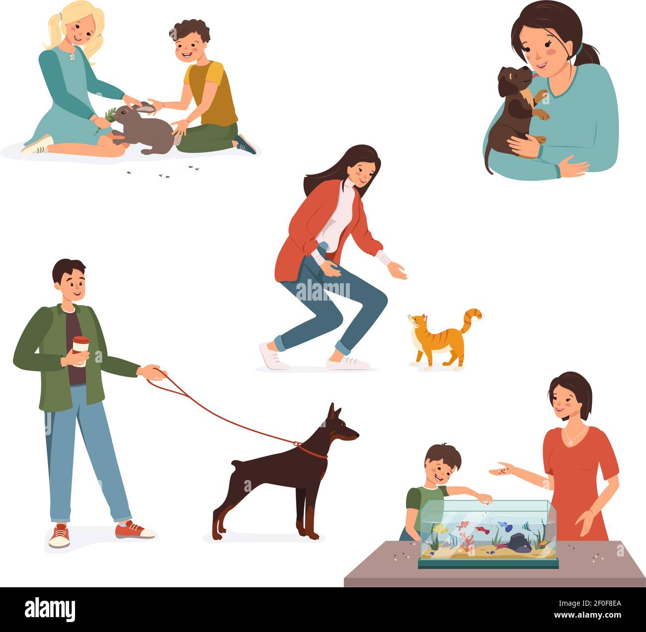 Set of illustration with happy pet owners Stock Vector