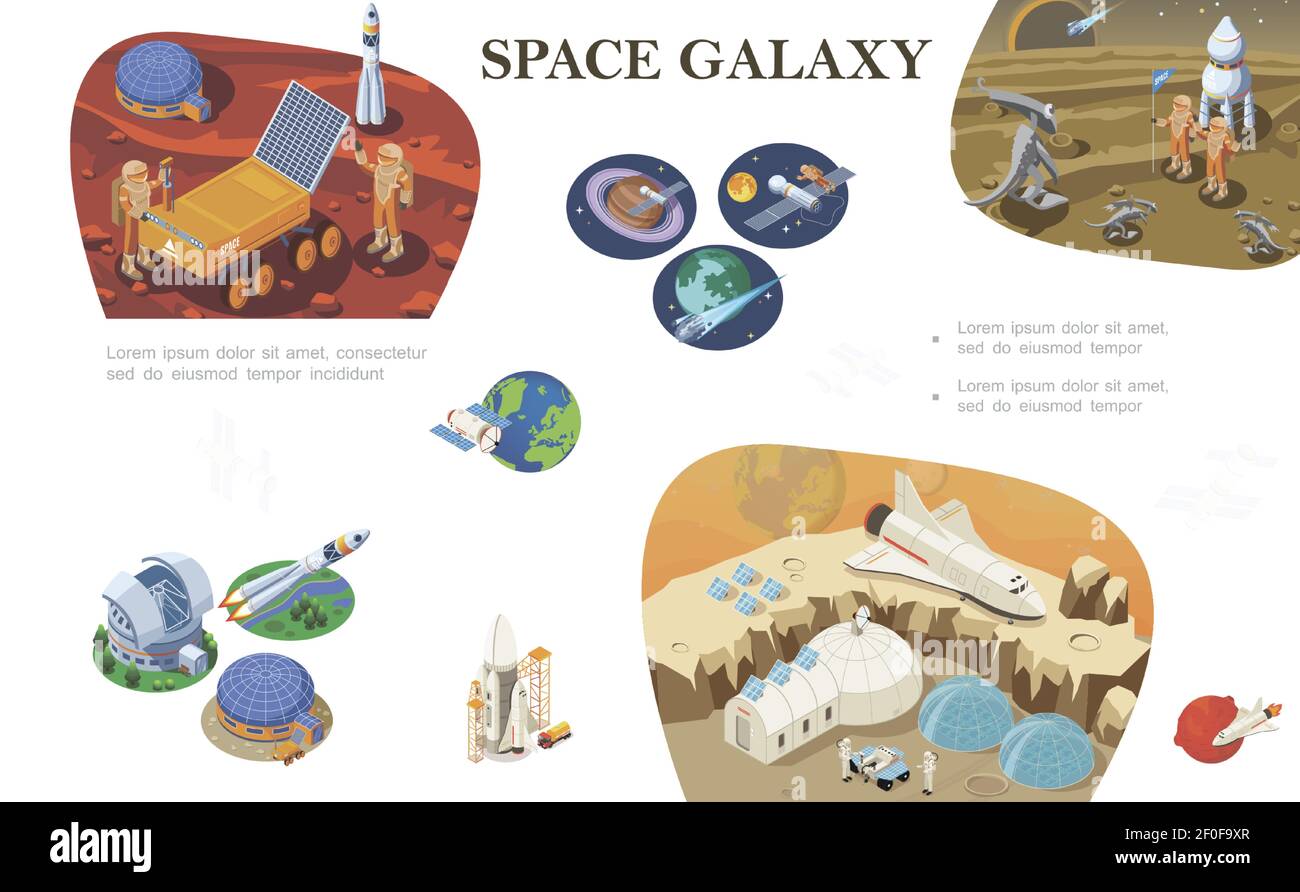 Isometric space exploration composition with astronauts meeting with ...