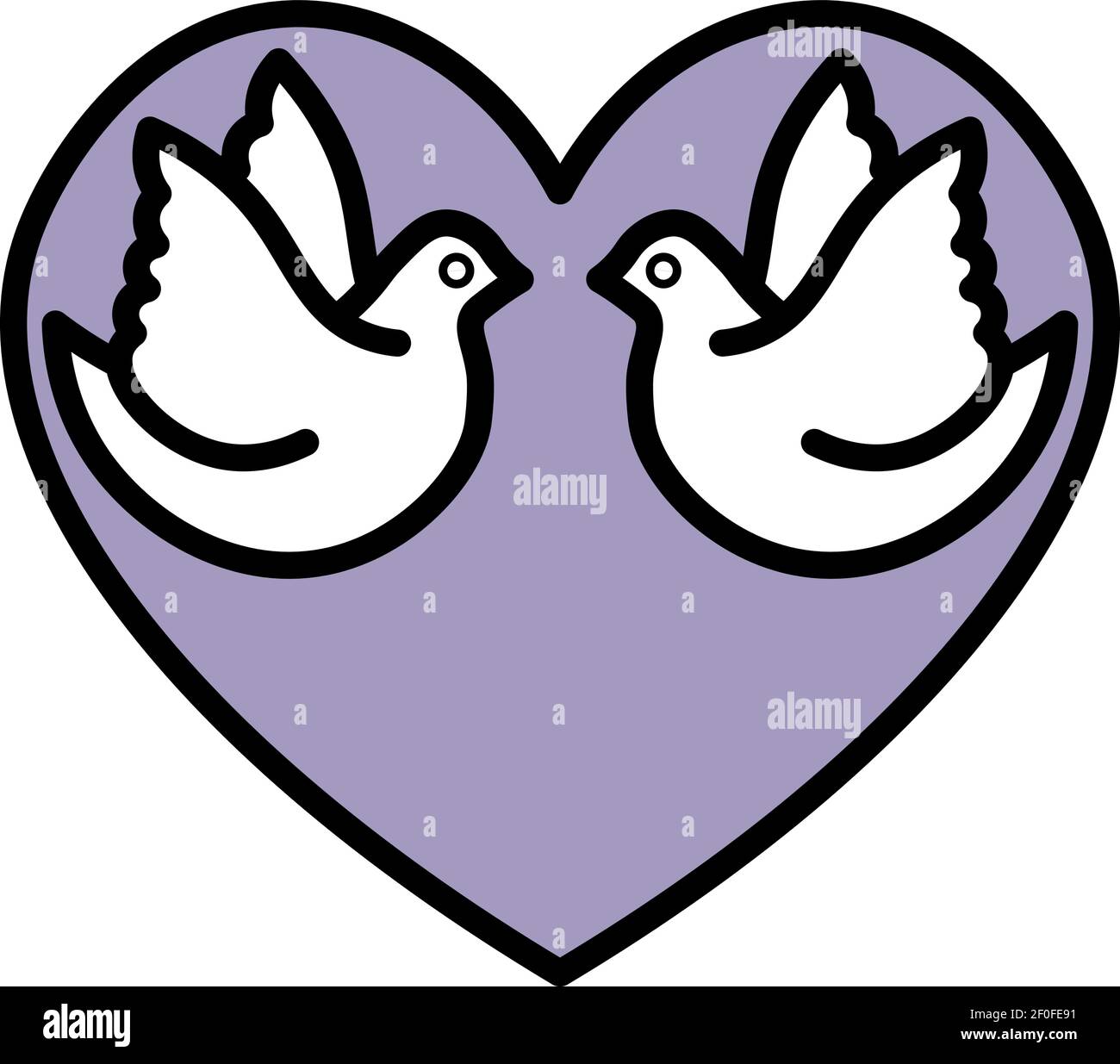 two isolated simple white outline white doves in lilac heart Stock Vector