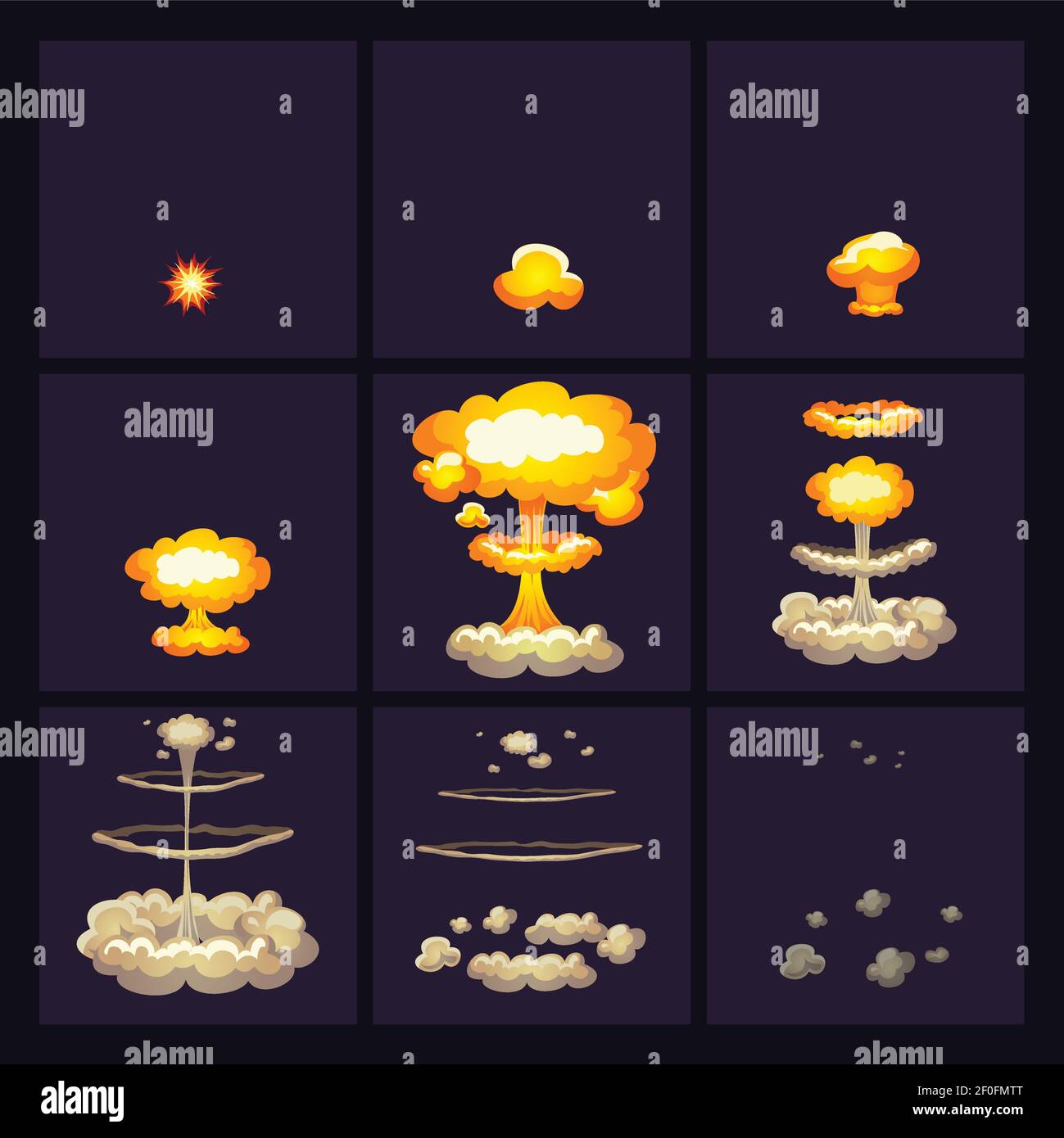 Explosion effects at various stages icons set with circles of smoke on