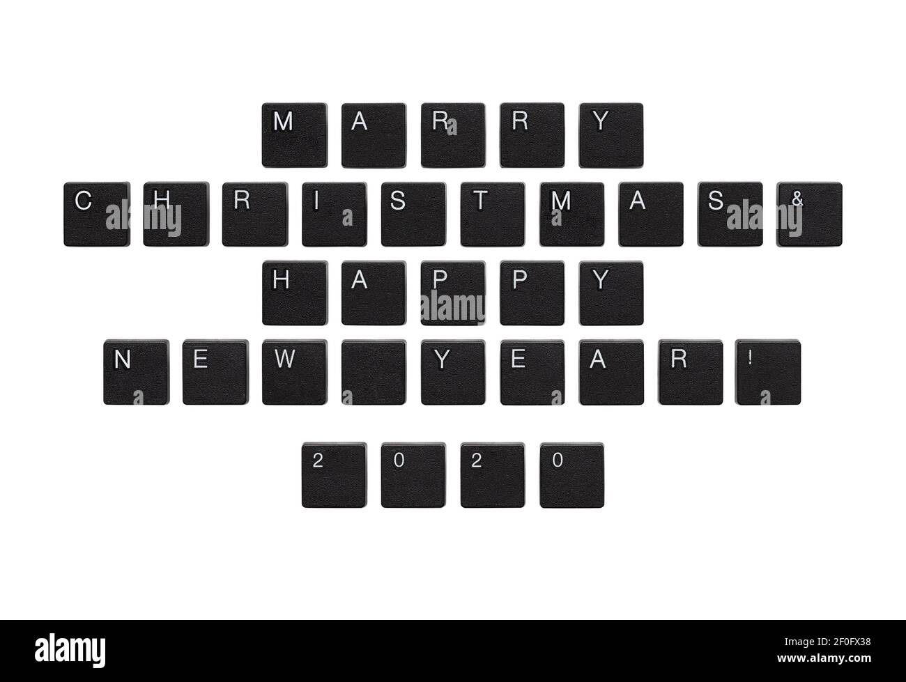 Text "Marry Christmas and Happy new year 2020" from keyboard keys, Isolated on white Stock Photo