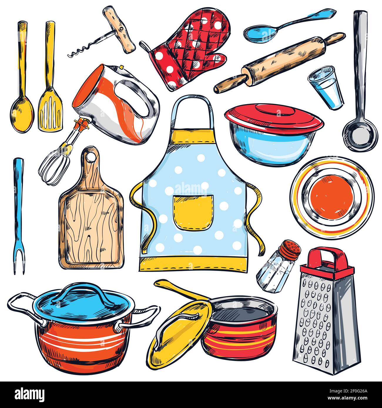 Set of isolated colorful decorative icons of various kitchenware drawn ...