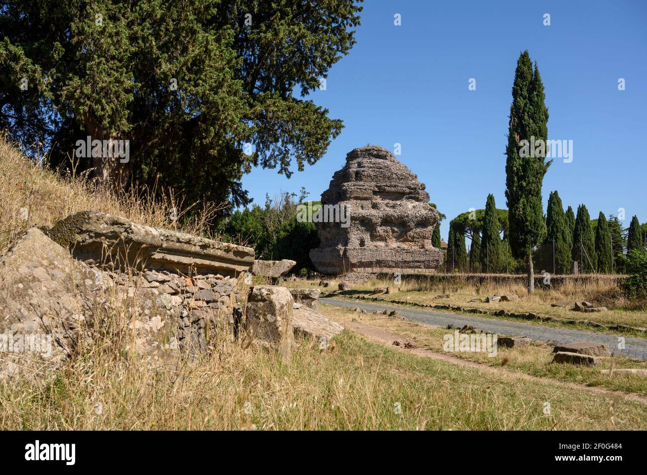 Rome. Italy. Via Appia Antica (Appian Way), the so-called Pyramid Mausoleum, now stripped of its original marble cladding and decoration, attributed t Stock Photo
