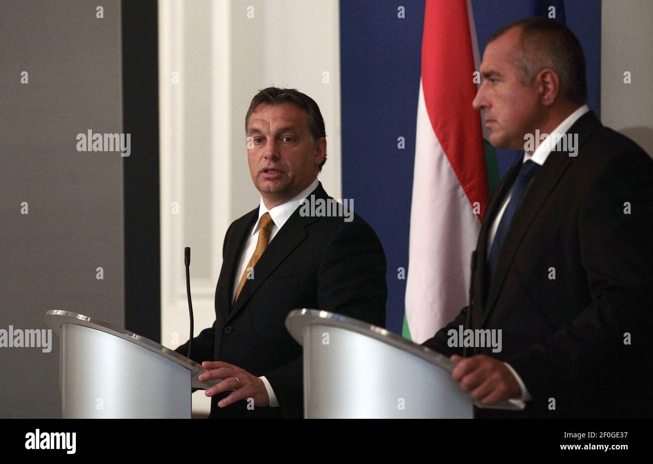 8 October 2010 - Sofia, Bulgaria - Hungarian Prime Minister Viktor Orban speaks during a joint press conference with the Bulgarian Prime Minister Boiko Borisov in Sofia on 8 October, 2010. Hungary opened a criminal investigation Wednesday into the deadly toxic sludge flood and the European Union urged emergency authorities to do everything they can to keep the contaminated slurry from reaching the Danube and affecting half a dozen other nations. Photo Credit: Boryana Katsarova/Sipa Press/1010081525 Stock Photo