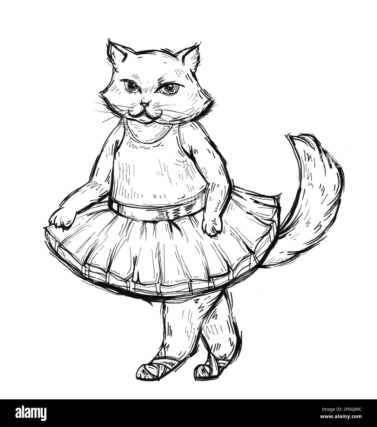 Cat ballerina in ballet dress and pointe. Vintage monochrome hatching illustration isolated on white background. Hand drawn design element for t-shirt Stock Photo