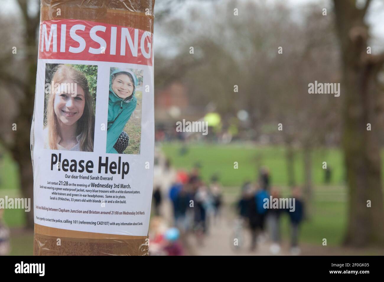 London, UK, 7 March 2021: Posters appeal for help finding missing woman Sarah Everard. The 33-year old has not been heard of since Wednesday evening when she set off to walk home. Anna Watson/Alamy Live News Stock Photo