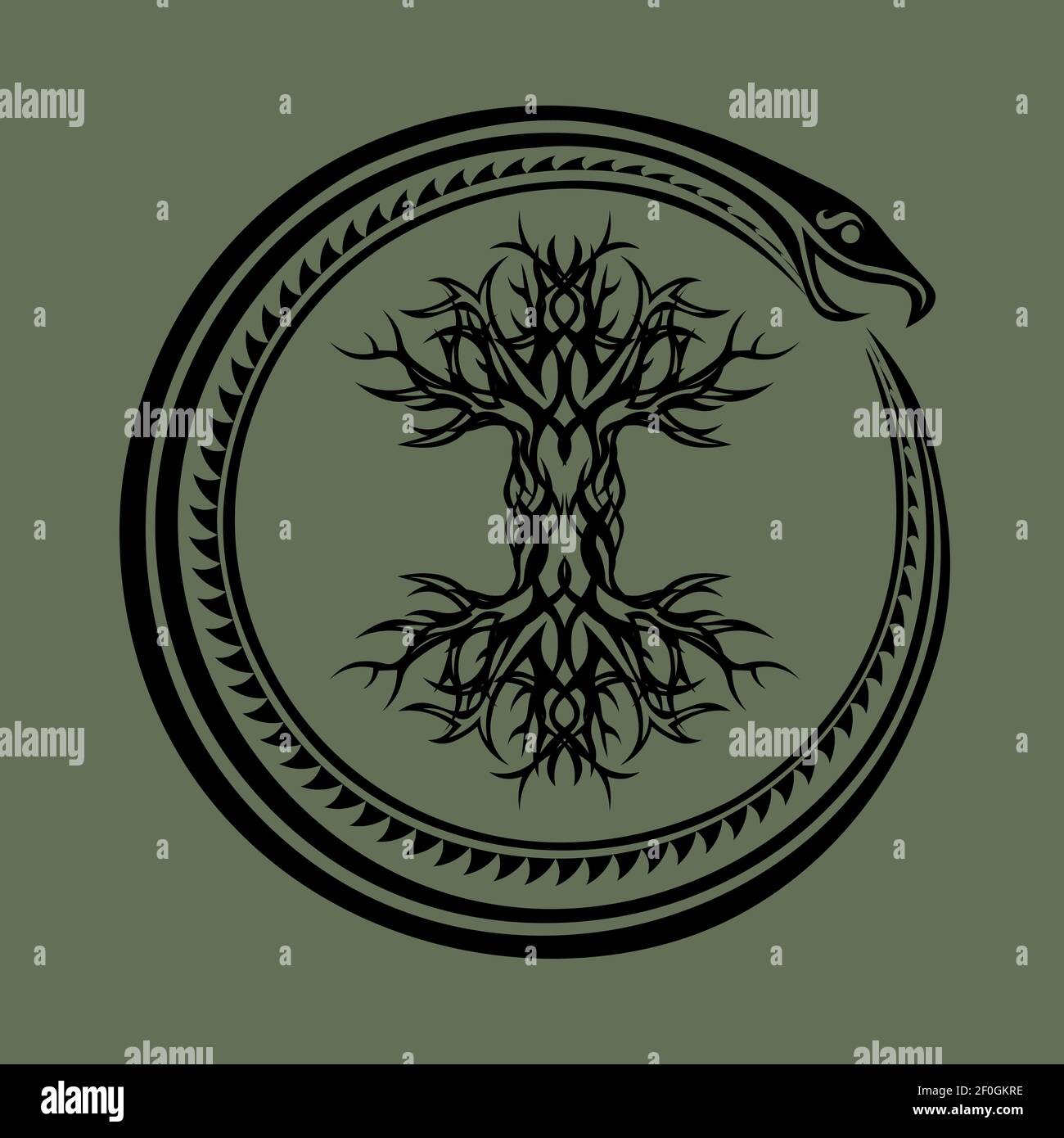 tribal ouroboros serpent curled up around yggdrasil, viking tree of life Stock Vector