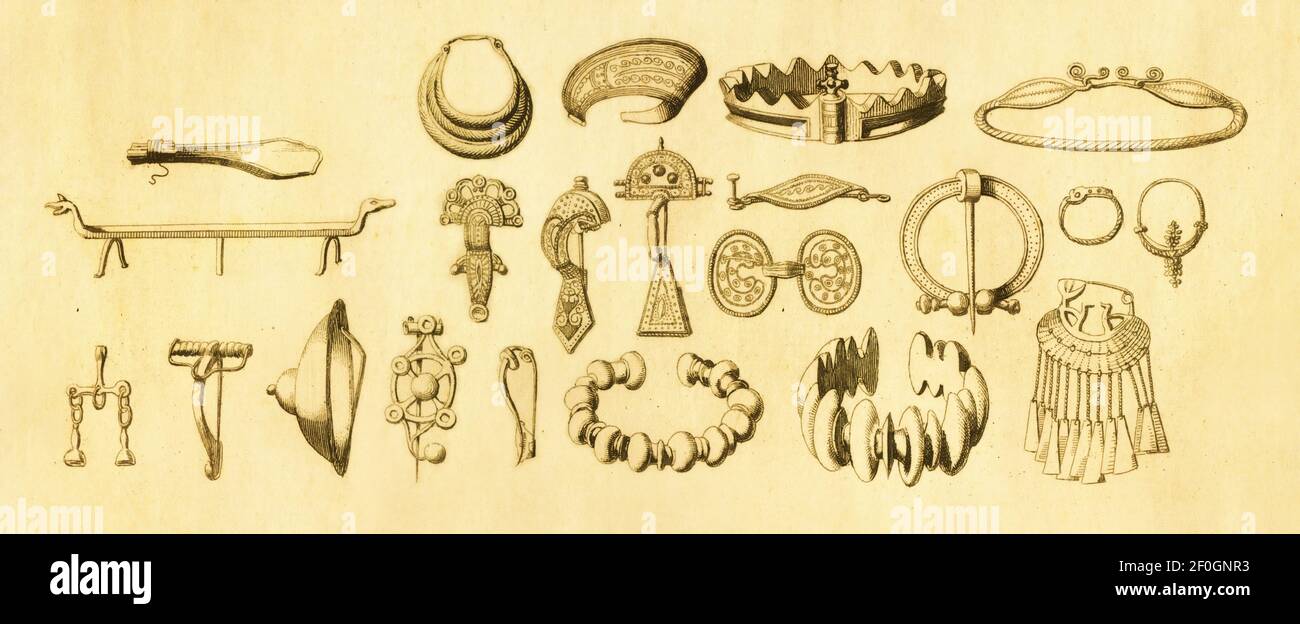 Antique illustration of artefacts from Late Bronze Age and Iron Age. Published in Systematischer Bilder-Atlas zum Conversations-Lexikon, Ikonographisc Stock Photo