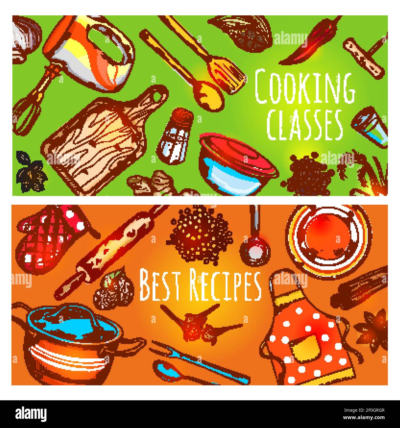 Two horizontal cooking class banners set with cartoon utensil ...