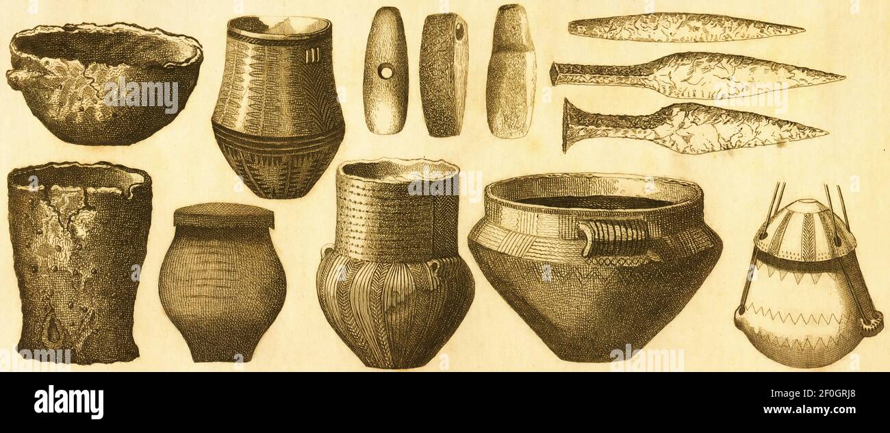 19th-century illustration of ceramic and stone artifacts from Ice Age and Stone Age. Published in Systematischer Bilder-Atlas zum Conversations-Lexiko Stock Photo