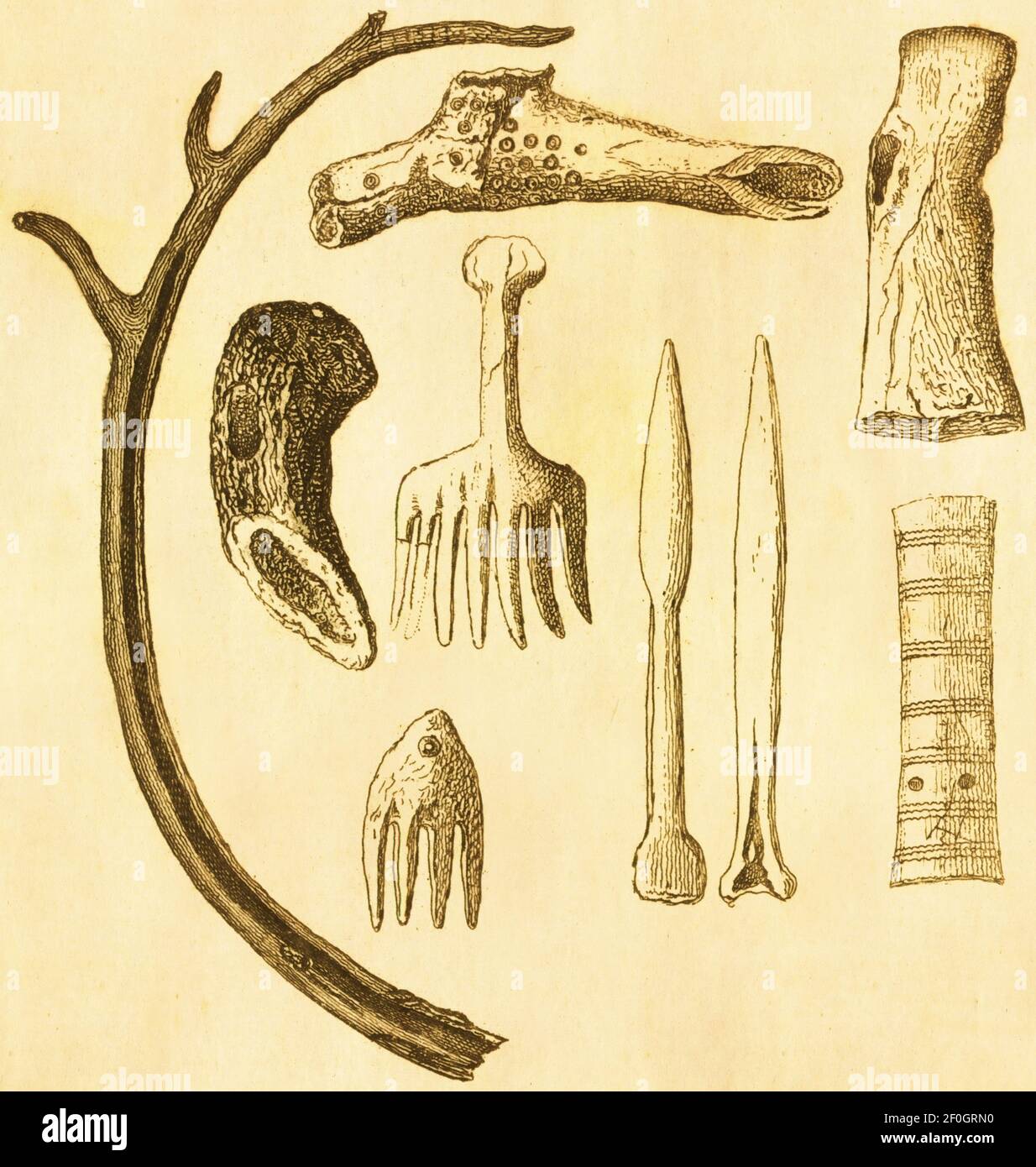 Antique 19th-century illustration of artifacts from the Stone Age. Published in Systematischer Bilder-Atlas zum Conversations-Lexikon, Ikonographische Stock Photo