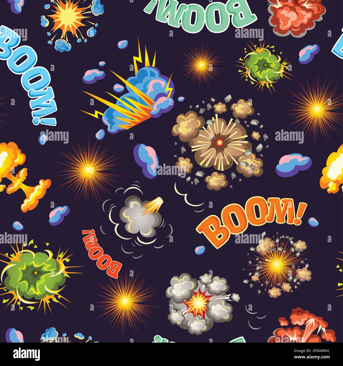 Comic style explosions seamless pattern with typographic lettering ...