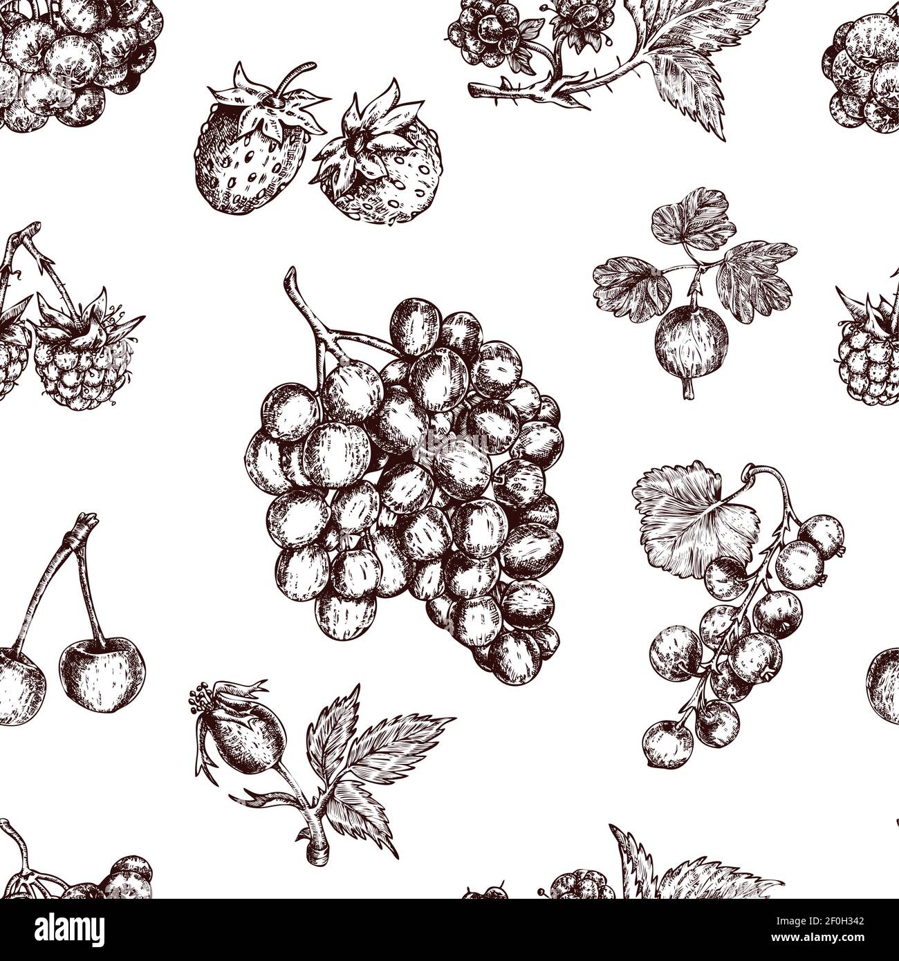 Berries hand drawn seamless pattern with black currant wild strawberry cherry and bunch of grapes vector illustration Stock Vector