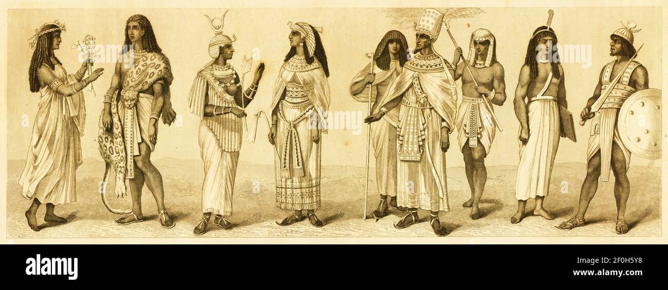 Antique illustration of costumes from Ancient Egypt. From left to right