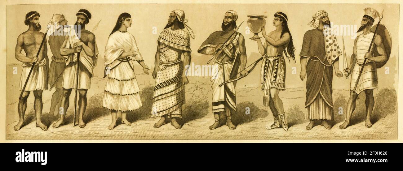 Antique illustration of costumes from Ancient Near East. From left to right: 1,2,3 - Arabs, 4,5 - Phoenicians, 6,7 - North-western Asians, 8 - Lady fr Stock Photo