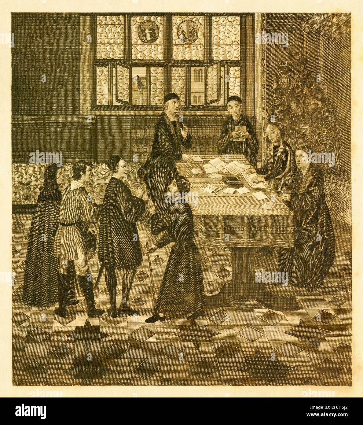 19th-century illustration of a courtroom from XV century. Published in Systematischer Bilder-Atlas zum Conversations-Lexikon, Ikonographische Encyklop Stock Photo