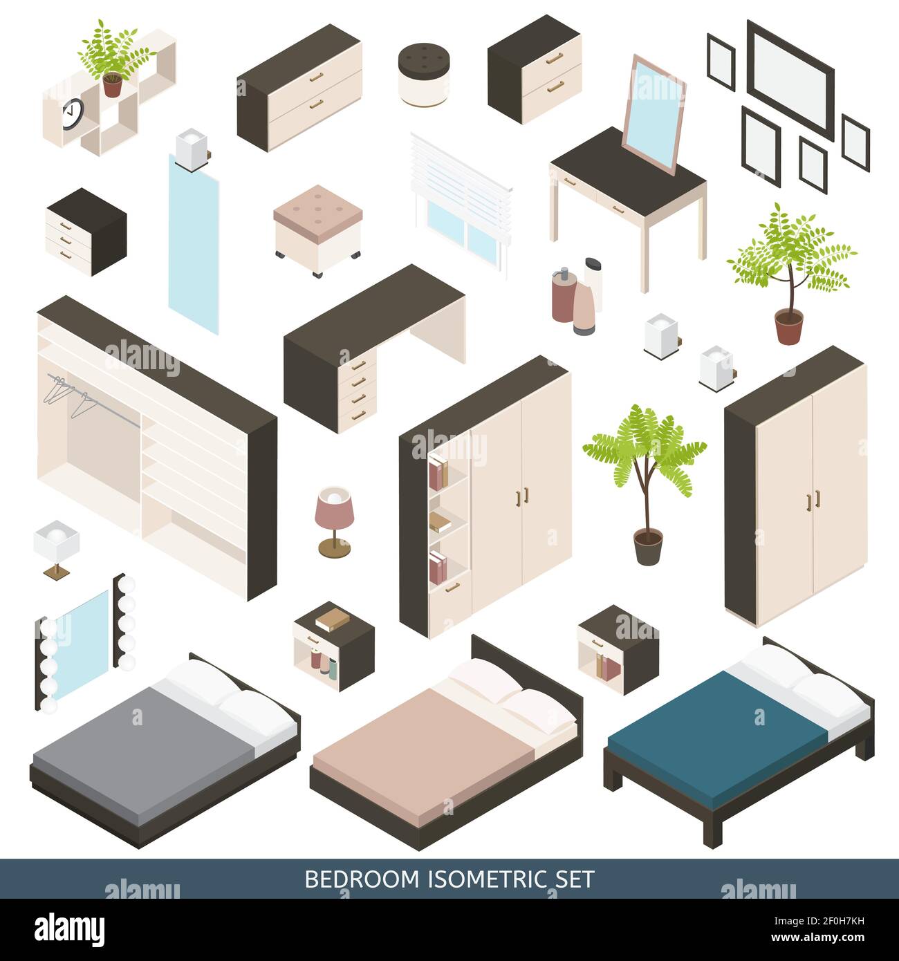 Isometric icon set of create a bedroom with furniture and accessories ...