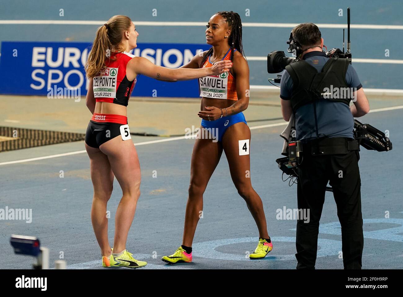 TORUN, POLAND - MARCH 7: Jamile Samuel of The Netherlands competing in the Womens 60m semi-final during the European Athletics Indoor Championships 20 Stock Photo