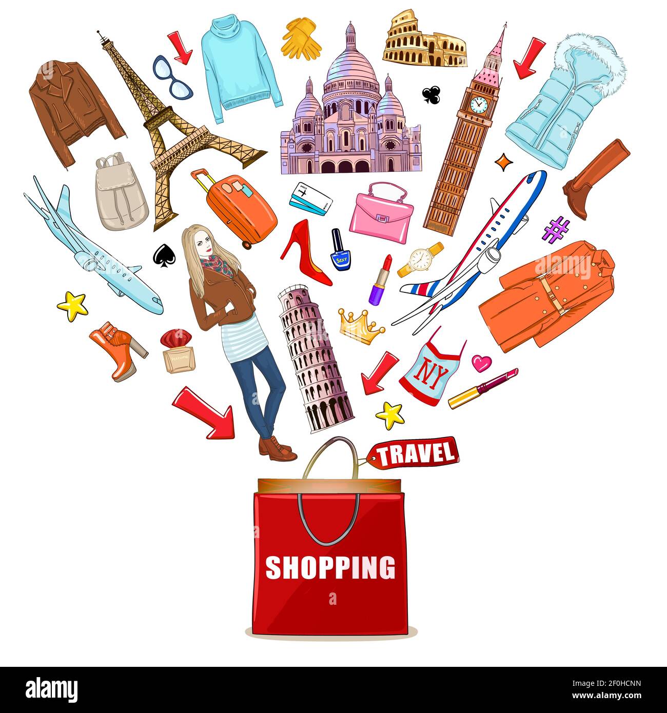 Isolated shopping europe travel composition with red shopping bag and purchases depart out of him vector illustration Stock Vector