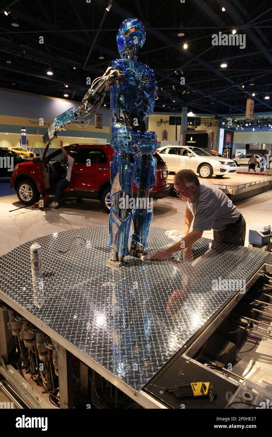 "Hank" an interactive robot at the Ford display gets touches by