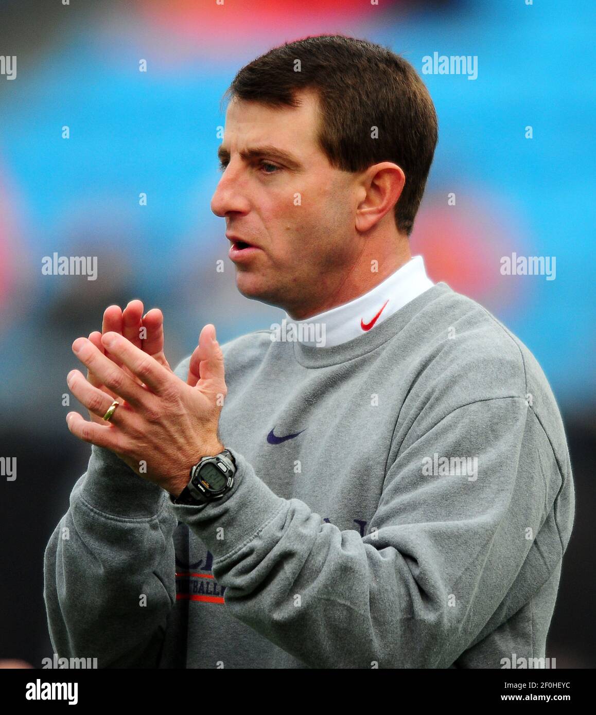Clemson head coach Dabo Swinney encourages his team as they prepare to ...