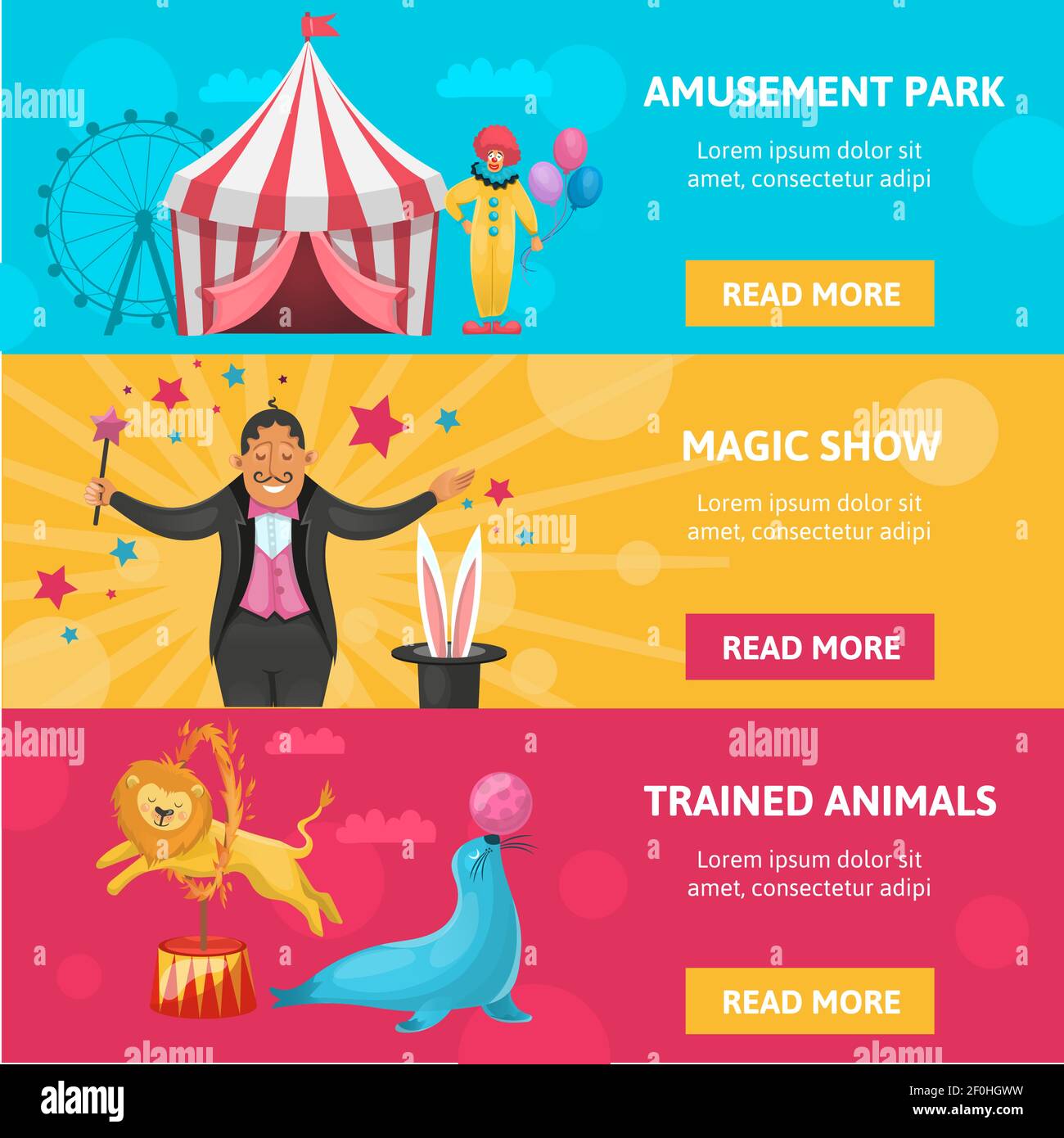 Set of three colorful circus amusement park magic show banners with ...