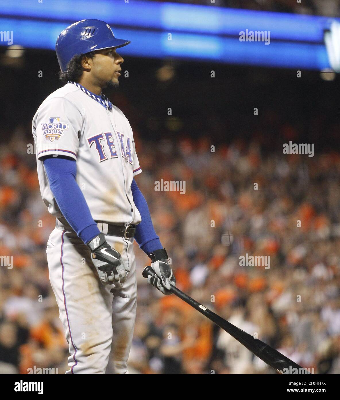Elvis Andrus of the Texas Rangers strikes out in the 6th inning