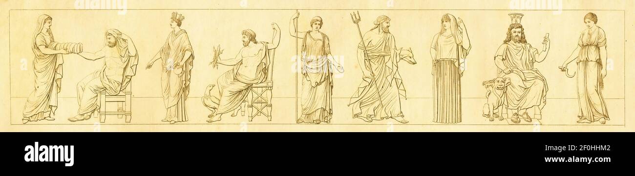 Antique illustration of Gods from the classical period. From left to right: 1 - Rhea, 2 - Saturn, 3 - Cybele, 4 - Jupiter, 5 - Juno, 6 - Neptune, 7 - Stock Photo
