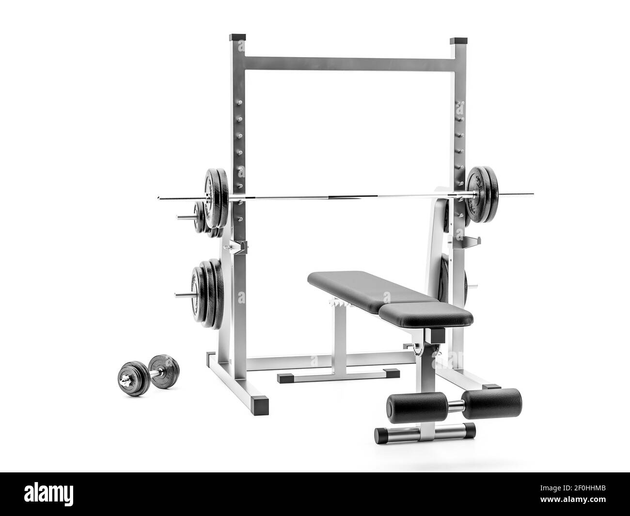 Workout weight bench with dumbbells shot on white background Stock
