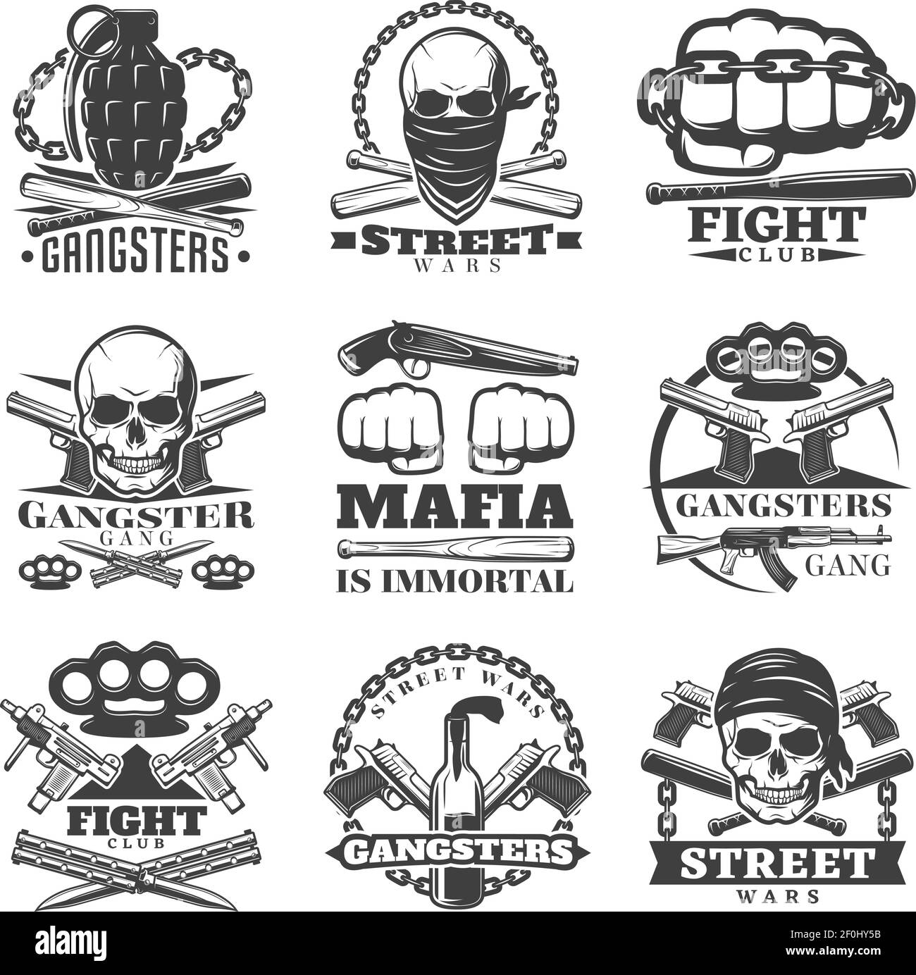 Nine isolated monochrome emblems set with fight club and mafia symbols grenades skulls weapons and captions vector illustration Stock Vector