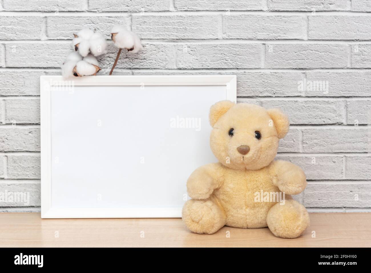 Teddy bear on wood Old Brick Wall as a background or wallpaper Stock Photo   Alamy