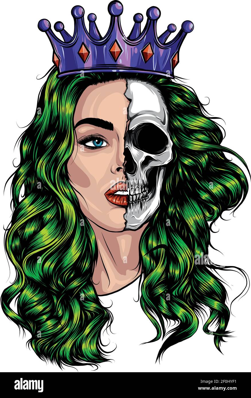 Skull face girl with a crown with green hair Stock Vector