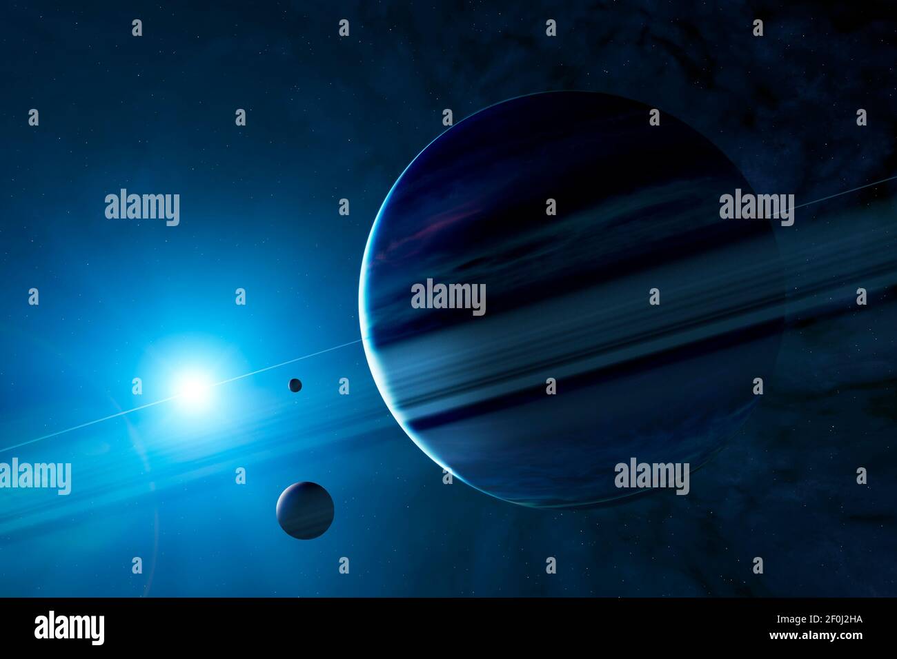 Sci-fi planets, discovery of new worlds, science fiction. Planets and moons of other galaxies and universes. Fantastic worlds. Saturn rings Stock Photo