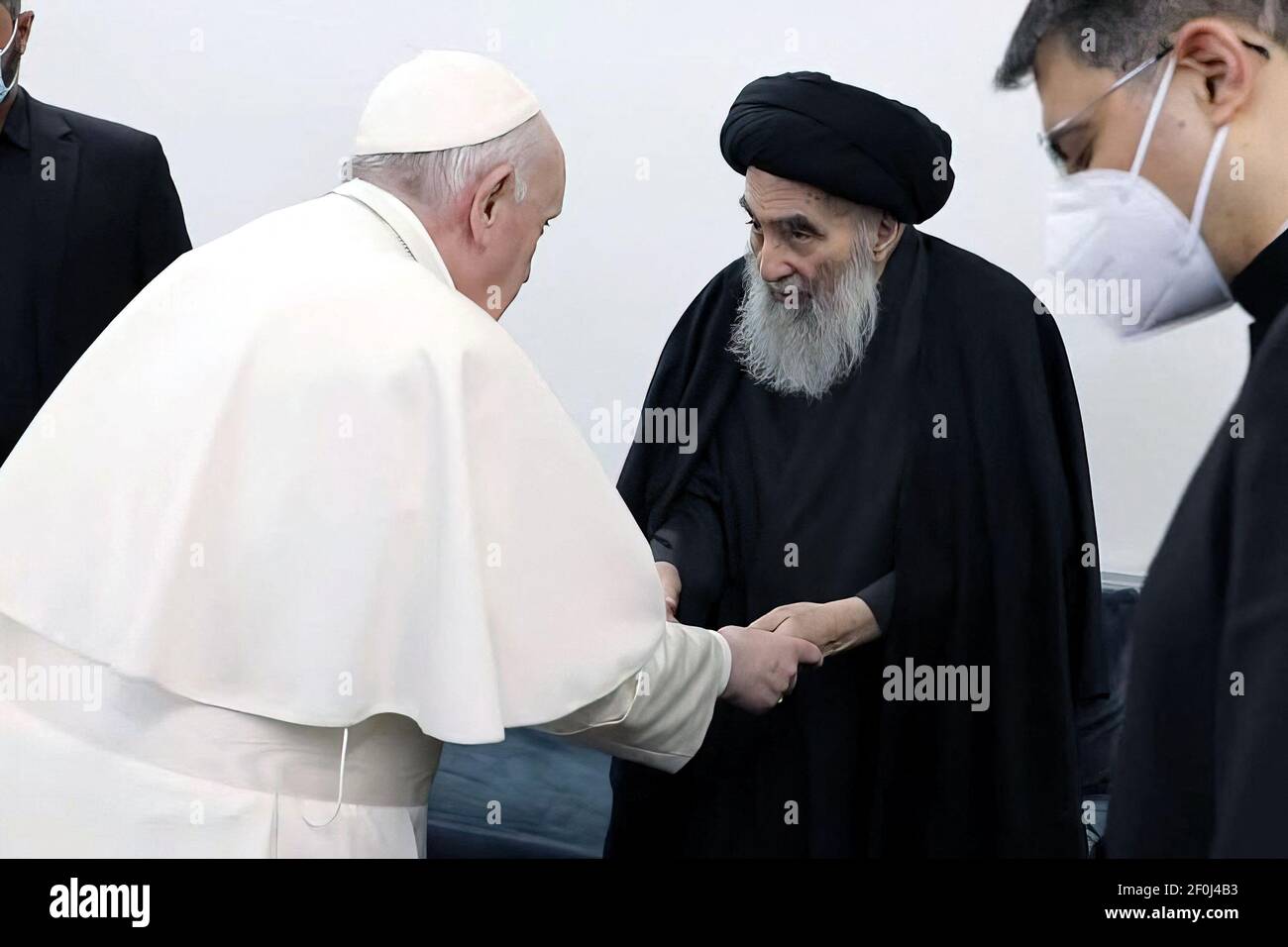 Najaf, Iraq. 07th Mar, 2021. Ayatollah Ali Al Sistani, Iraq's most revered Shiite cleric, receives Pope Francis, at his residence in the holy city of Najaf, Iraq, on March 6, 2021, on the second day of the first papal visit to Iraq. Photo by Balkis Press/ABACAPRESS.COM Credit: Abaca Press/Alamy Live News Stock Photo