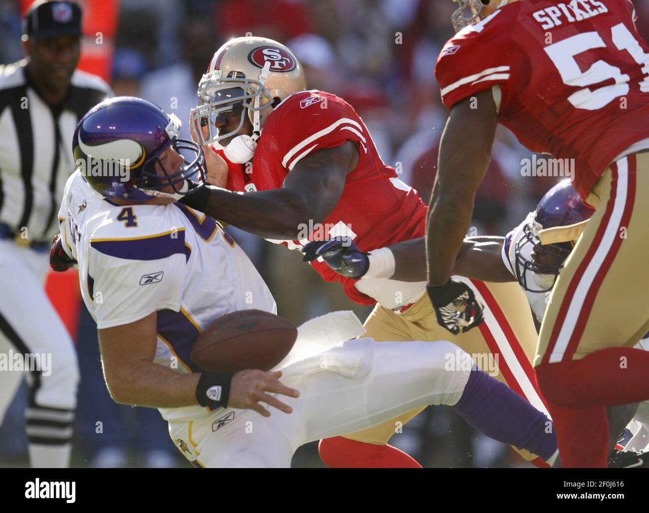 San Francisco 49ers linebacker Patrick Willis (52) sacks Minnesota Vikings quarterback Brett 