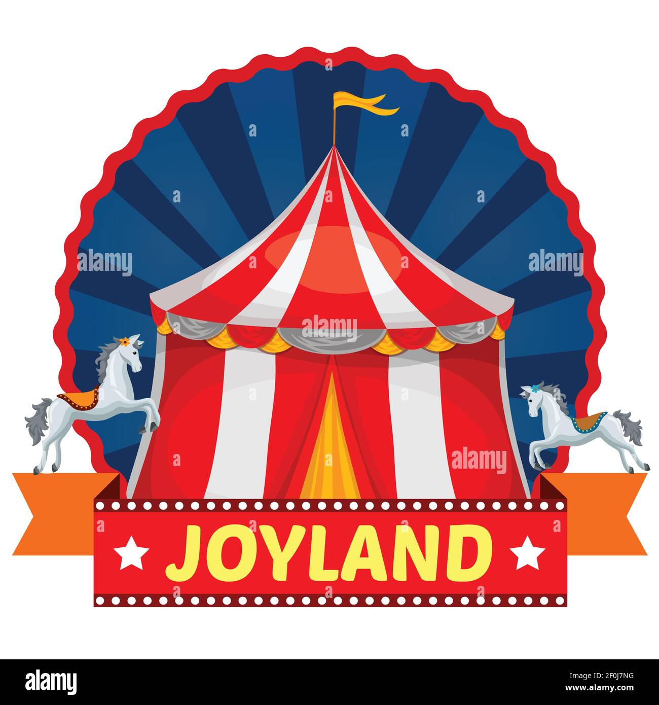Amusement park emblem with striped circus tent and horses on blue round ...