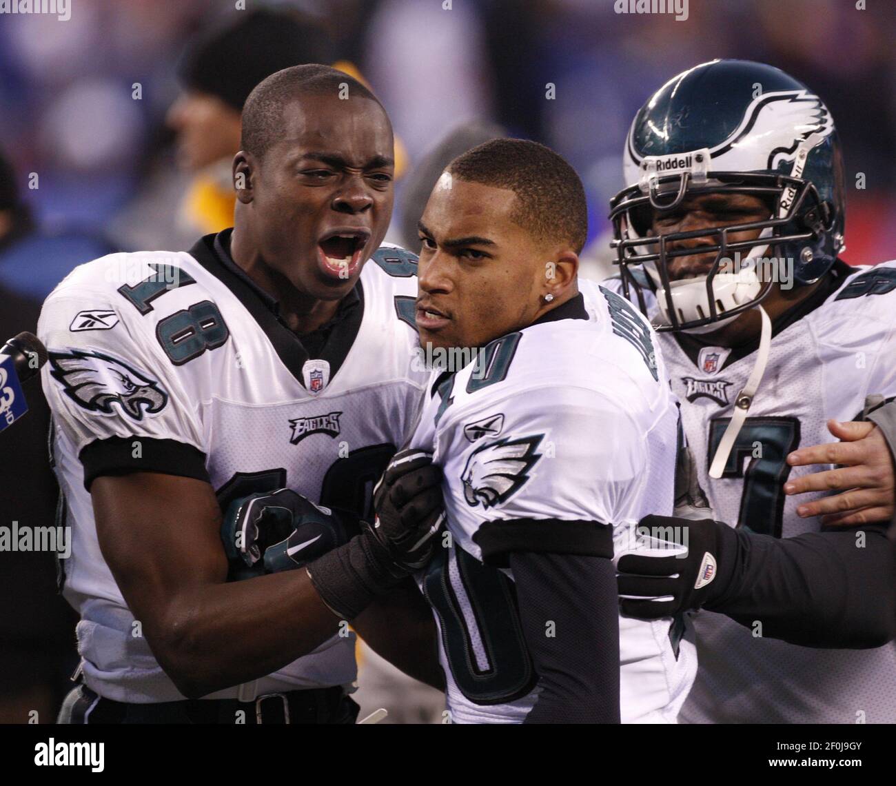 Philadelphia Eagles Jeremy Maclin left and Brodrick Bunkley right congratulate DeSean Jackson on his winning touchdown against the New York Giants at The New Meadowlands Stadium in East Rutherford New...