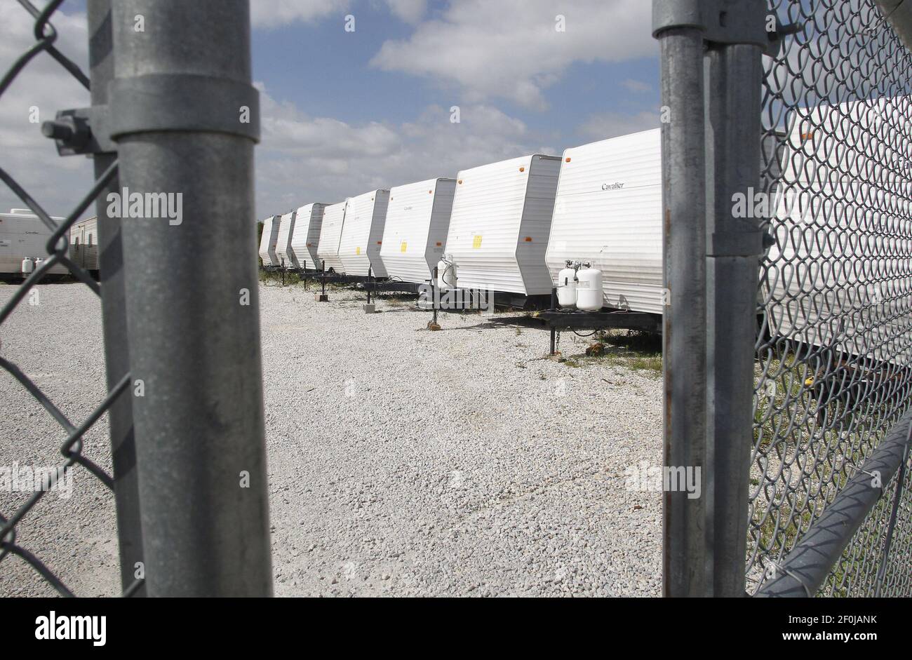 FEMA trailers originally intended for use in New Orleans after the Katrina  hurricane are now for sale at McClain's RV Superstore in south Fort  Worth, Texas, July 14, 2010. (Photo by Ron