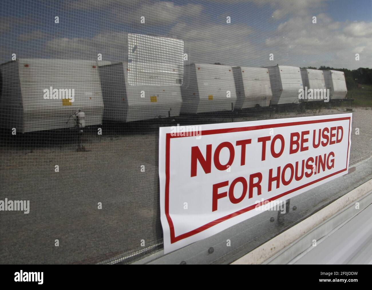A window sticker, which once restricted the use of this FEMA trailer  originally intended for use in New Orleans after the Katrina hurricane, now  sits with others for sale at McClain's RV