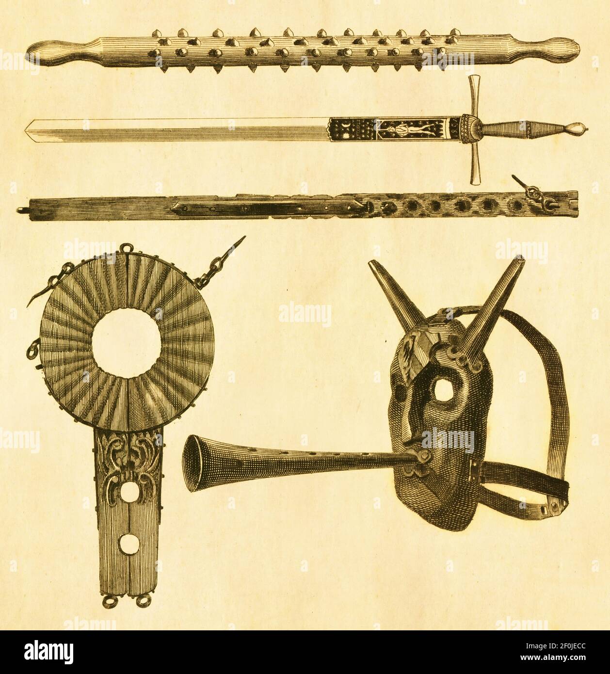 Antique 19th-century illustration of medieval instruments of torture. Published in Systematischer Bilder-Atlas zum Conversations-Lexikon, Ikonographis Stock Photo
