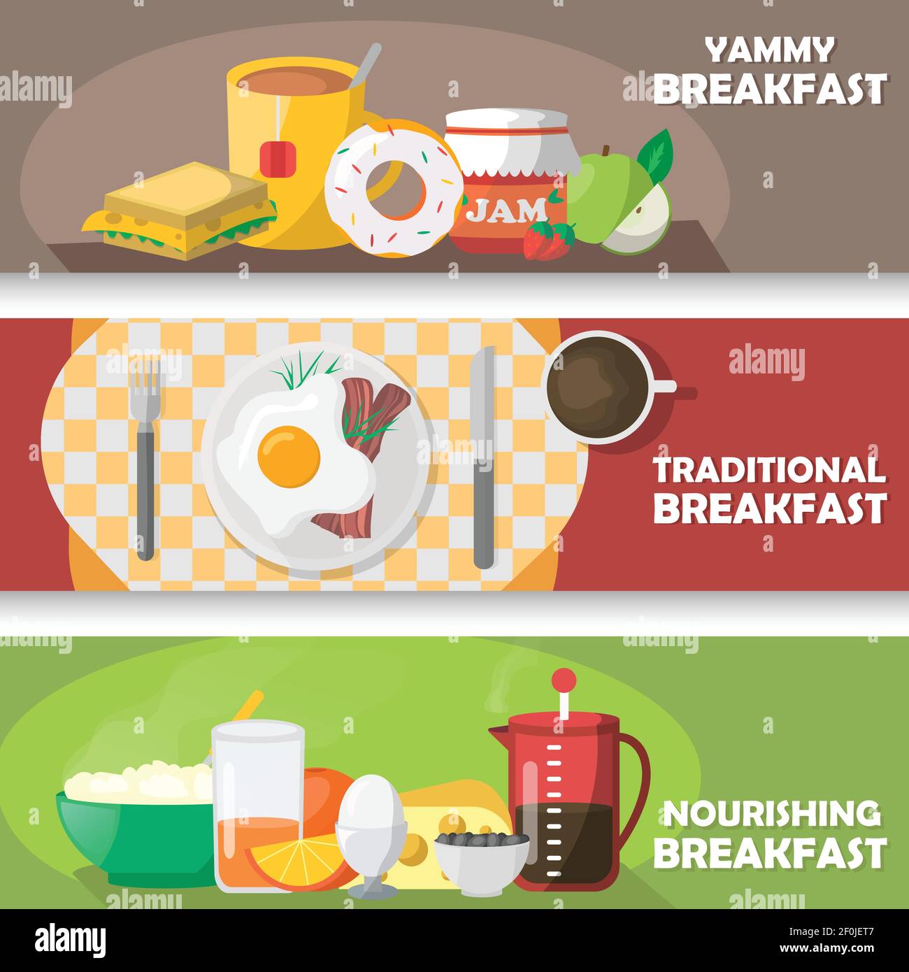 Breakfast horizontal banners set with yummy pastry and tea traditional ...