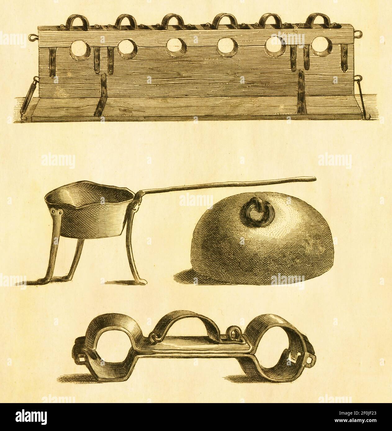 Antique engraving of medieval torture instruments. Published in Systematischer Bilder-Atlas zum Conversations-Lexikon, Ikonographische Encyklopaedie d Stock Photo