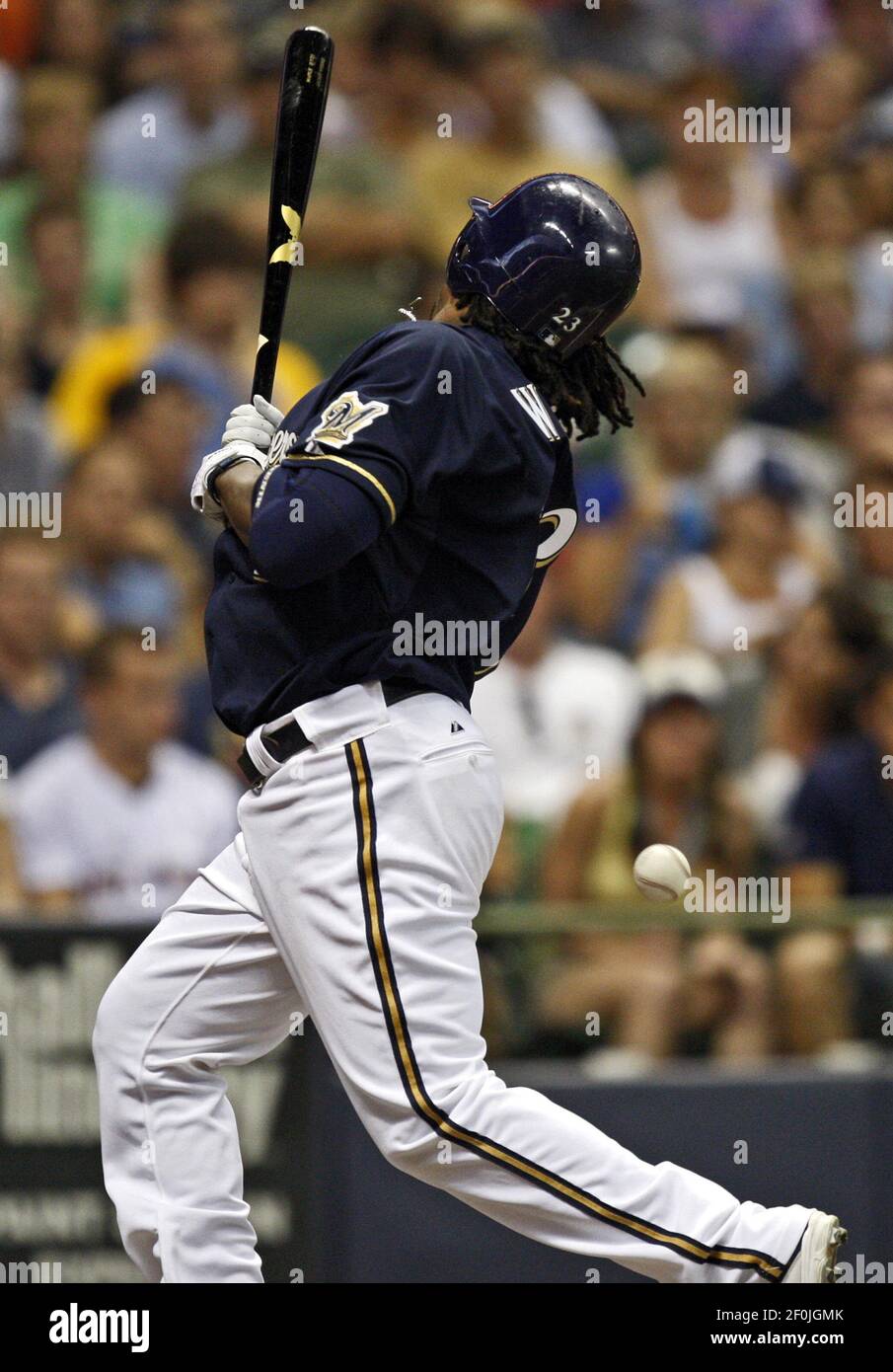 The Milwaukee Brewers&apos; Rickie Weeks is hit by a pitch from the Pittsburgh Pirates&apos; Sean Gallagher in the sixth inning. The Brewers defeated the Pirates, 4-3, at Miller Park in Milwaukee, Wisconsin, Saturday, July 10, 2010. (Photo by Benny Sieu/Milwaukee Journal Sentinel/MCT/Sipa USA) Stock Photo