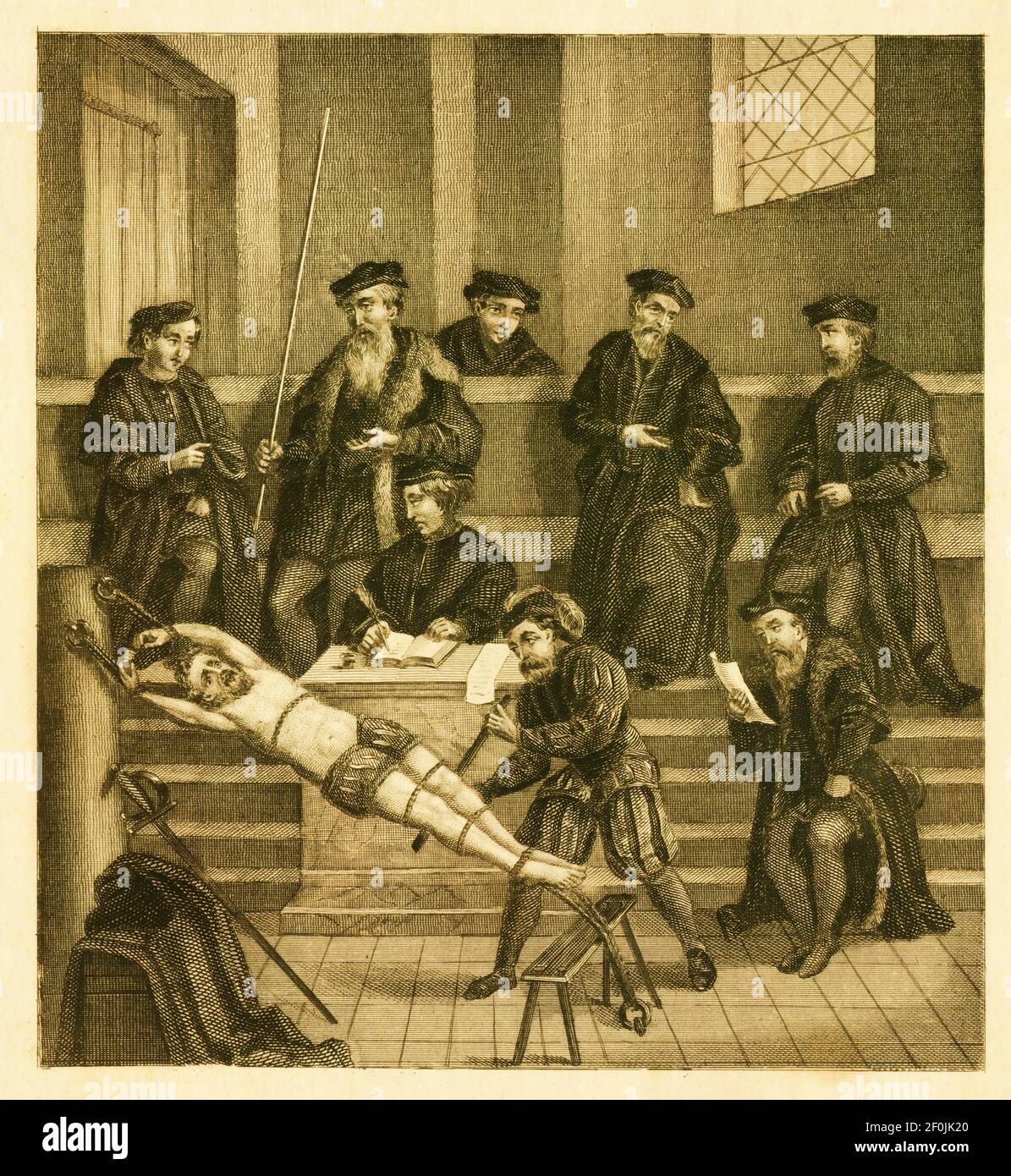 Antique 19th-century engraving of painful interrogation from XVI century. Published in Systematischer Bilder-Atlas zum Conversations-Lexikon Stock Photo