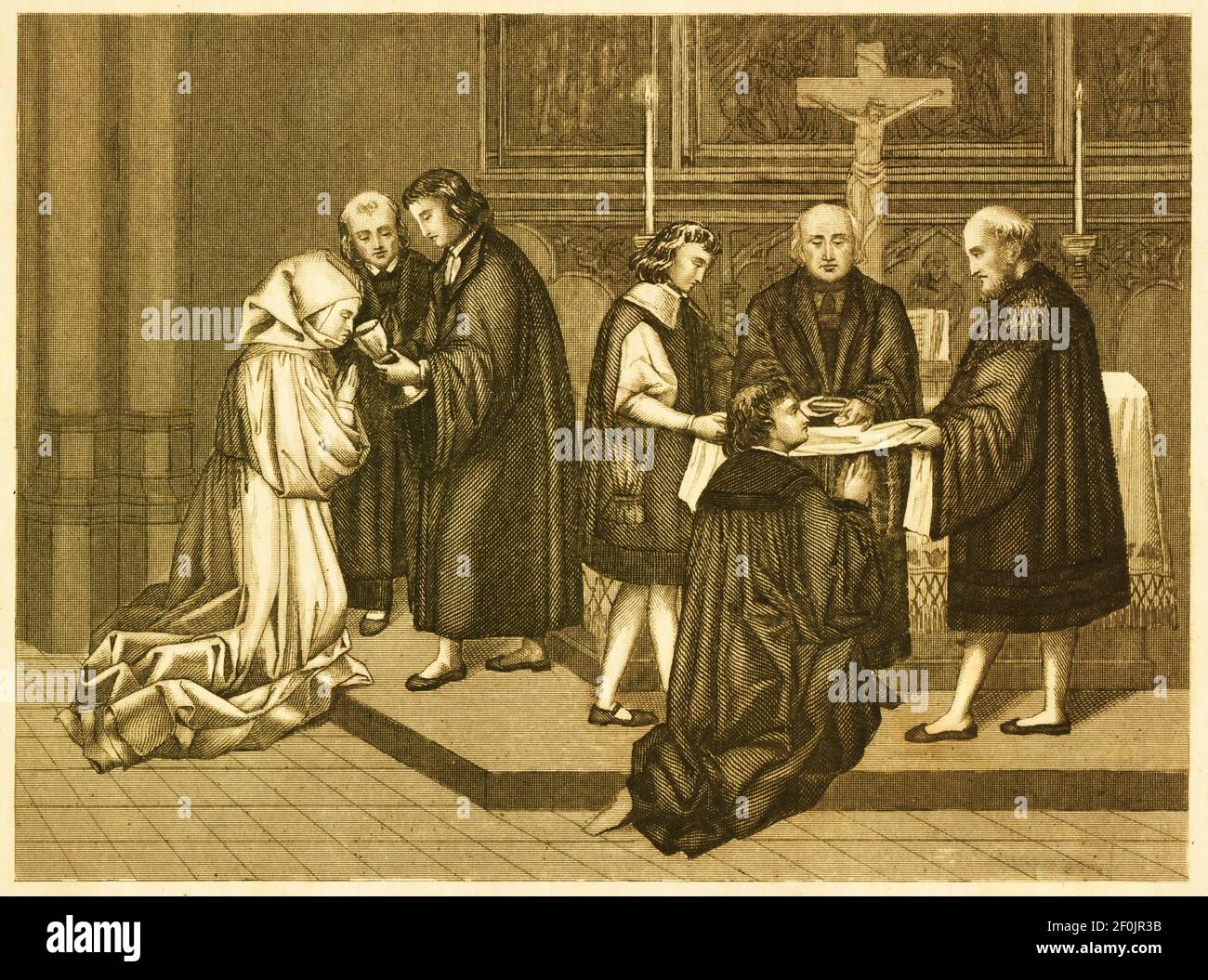 19th-century engraving of the sacrament Eucharist in the Protestant Church (XVI century). Published in Systematischer Bilder-Atlas zum Conversations-L Stock Photo