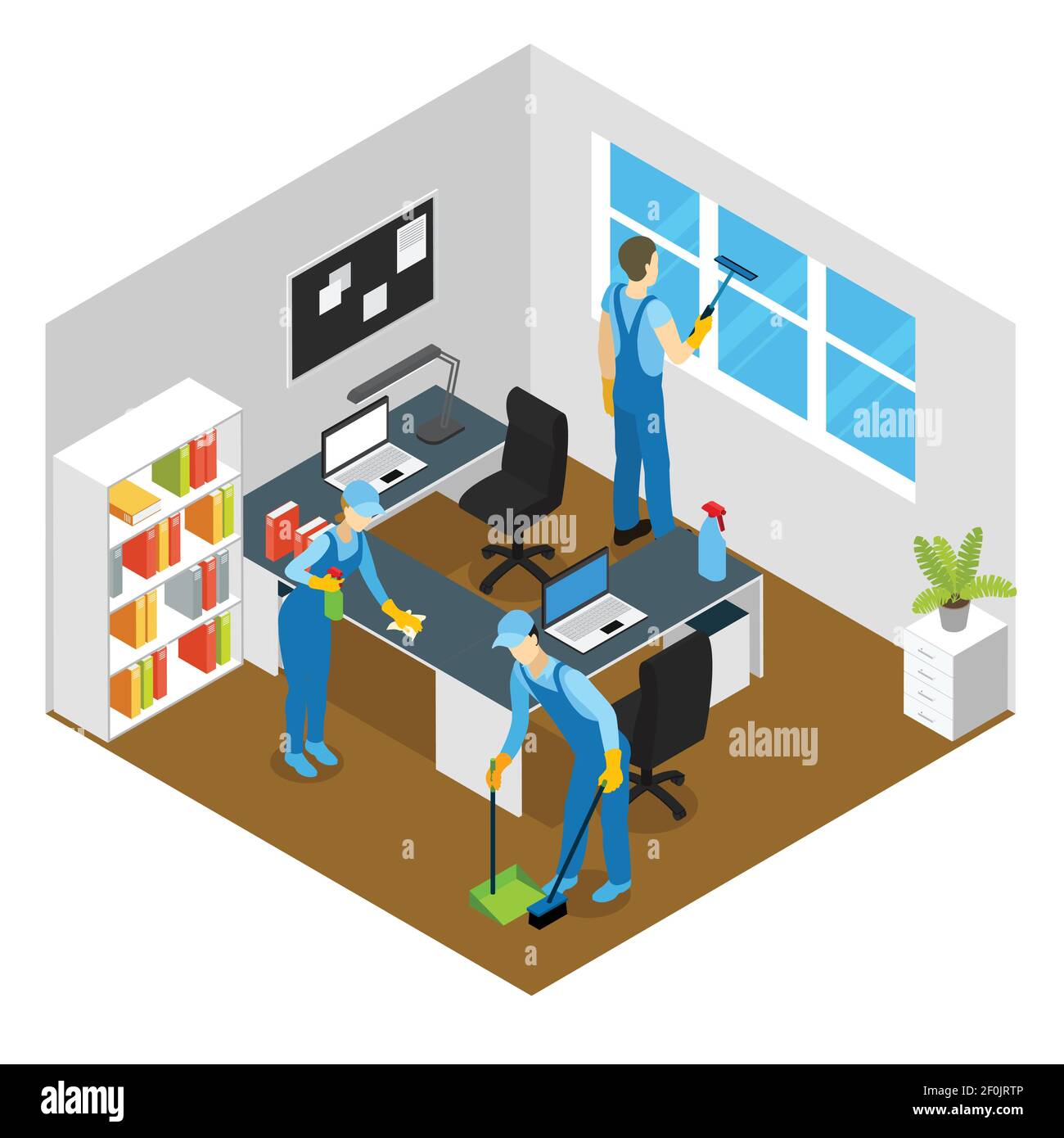 Office cleaning isometric composition with washing of working tables and window sweeping of floor vector illustration Stock Vector