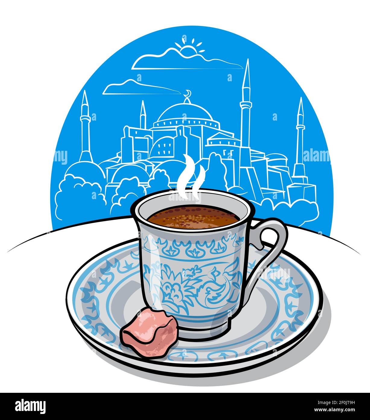 Illustration of the flavour traditional turkish coffee on the mosque background in Istanbul. Stock Vector