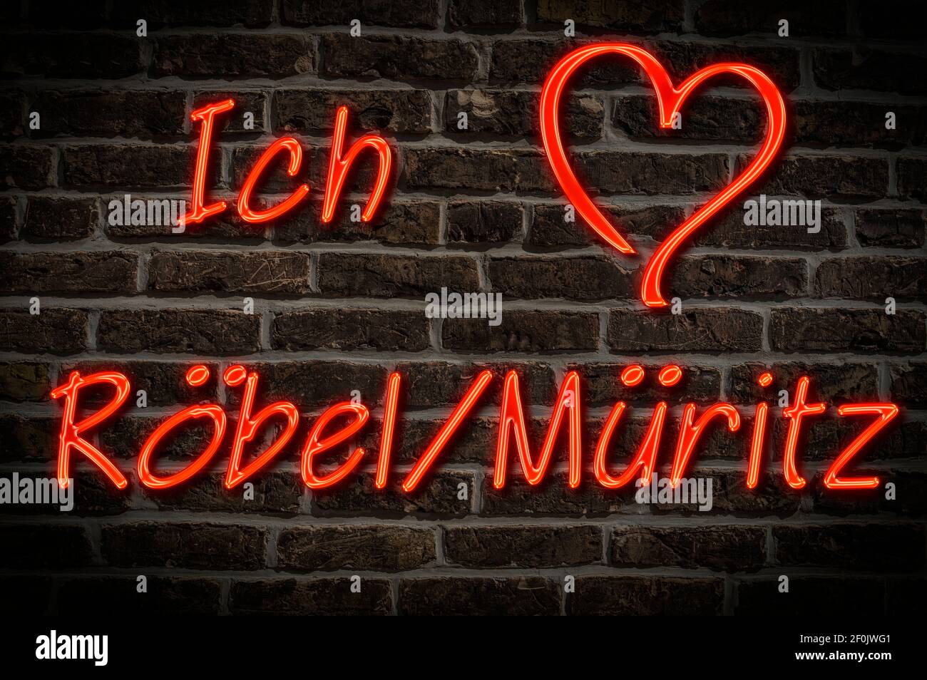 Leuchtreklame, Ich liebe Röbel/Müritz, Mecklenburg-Vorpommern, Deutschland, Europa | Illuminated advertising, I love Röbel/Müritz, Mecklenburg-West Po Stock Photo